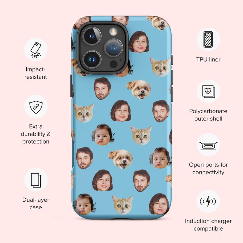 May include: A light blue smartphone case featuring a repeating pattern of various human and pet faces. The case includes a TPU liner, a polycarbonate outer shell, open ports for connectivity, and is induction charger compatible for dual-layer protection.