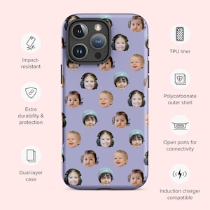K&ouml;nnte beinhalten: Eine hellviolette Smartphone-H&uuml;lle mit einem sich wiederholenden Muster aus verschiedenen Kindergesichtern, einige mit Kopfh&ouml;rern oder M&uuml;tzen. Die H&uuml;lle hat einen Ausschnitt f&uuml;r die Dreifachkamera und ist mit Merkmalen wie TPU-Innenfutter, Polycarbonat-Au&szlig;enschale und Induktionsladekompatibilit&auml;t beschriftet.