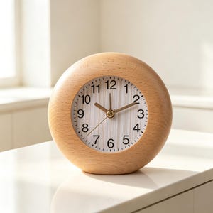 May include: A round table clock featuring a light-colored natural wood frame with a visible grain pattern. The clock face is white with vertical light gray stripes, black Arabic numerals from 1 to 12, and three thin gold-colored metal hands.