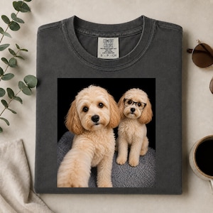 Cavapoo T-Shirt with Two Apricot Dogs, Funny Selfie Portrait, Black Glasses and Realistic Pet Artwork