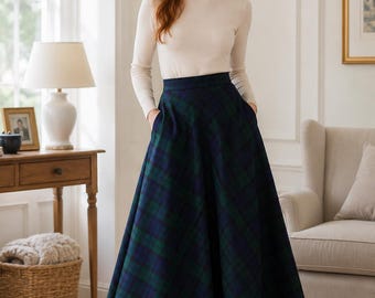 Black Watch Tartan Maxi Skirt | Scottish Plaid Long Skirt | | High Waist Circle Skirt with Pockets | Celtic Clothing