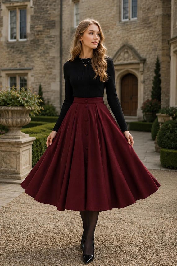 Burgundy Wool Midi Skirt | High Waist Pleated A-Line Skirt | Button Front Wool Blend Skirt | Elegant Winter Skirt | Old Money Style