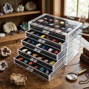 May include: A clear acrylic storage organizer with five stacked drawers, each featuring black velvet-lined compartments filled with various polished gemstones. The unit has transparent handles and is positioned on a wooden surface.