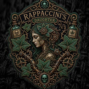以下が含まれることがあります： RAPPACINI'S DAUGHTERという文字が刺繍されたワッペン。緑の蔦の葉、機械的な歯車、VENENUMとVIRIDISというラベルが貼られた2本のガラス瓶に囲まれた人物の横顔が描かれており、上下には髑髏があしらわれています。