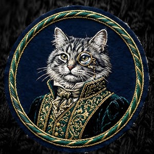 May include: A circular embroidered portrait of a grey tabby cat wearing a monocle and a dark green velvet coat with gold floral embroidery and a white cravat. The image is framed by a twisted green and gold rope border on a dark blue background.