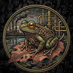 Bordado 3D de Sapo Steampunk em PNG e PDF, Design de Sapo Mecânico Cyberpunk para Moletons, Estampa Industrial Techwear, Patch Digital com Ponto Grosso