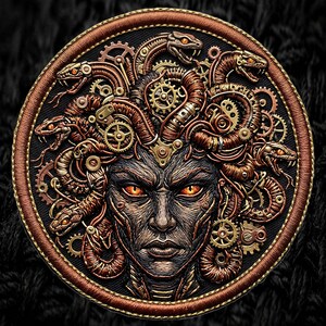 以下が含まれることがあります： 輝くオレンジ色の目をした人物の精巧な肖像画が描かれた円形の刺繍ワッペン。髪は金属調の蛇と真鍮色の歯車が組み合わさったデザインで、黒い背景に銅色の縁取りが施されている。