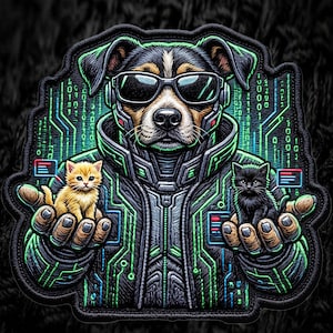 May include: A rectangular embroidered patch featuring a dog wearing black sunglasses and a futuristic jacket with green circuit board patterns. The dog holds a small orange kitten in one hand and a small black kitten in the other hand.