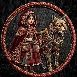 Könnte beinhalten: Ein kreisförmiger bestickter Aufnäher mit einer Person in einem dunkelroten Kapuzenumhang mit goldenen Ornamenten, die neben einem mechanischen Wolf mit metallischen Zahnrädern, Rädern und Platten in Bronze und Kupfer auf schwarzem Stoff steht.