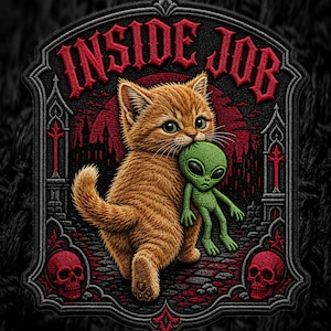 Può includere: Una toppa ricamata raffigurante un gattino arancione che porta in bocca un piccolo alieno verde. Lo sfondo mostra un castello gotico scuro sotto una luna rossa, con teschi rossi in basso e la scritta INSIDE JOB in lettere rosse.