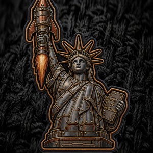 Puede incluir: Un parche bordado que muestra una Estatua de la Libertad metálica sosteniendo un cohete con escape de fuego en una mano y una tableta con la inscripción JULY IV MDCCLXXVI en la otra. El diseño utiliza tonos gris oscuro y cobre.