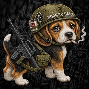 PNG-Stickerei-Imitation, „Born to Bark“-Beagle, Militärhund-Shirt, Patch-Kunst mit schwarzem Humor, Grafik eines taktischen Welpen, alternatives Streetwear-Design