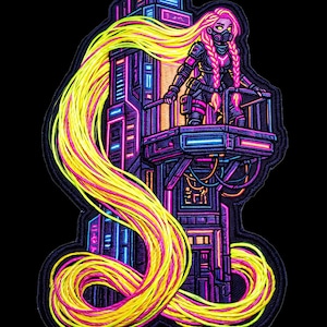 Puede incluir: Un parche bordado rectangular que presenta a un personaje con cabello largo y amarillo en trenzas, vistiendo un traje táctico oscuro y una máscara, de pie en el balcón de un edificio alto, oscuro y futurista con detalles en azul y rosa neón.
