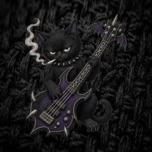Könnte beinhalten: Ein gestickter Aufnäher mit einer schwarzen Katze mit Stachelhalsband, die eine Zigarette mit sichtbarem Rauch raucht und eine violett-schwarze E-Bassgitarre mit fledermausflügelartiger Kopfplatte und scharfen, spitzen Körperkanten spielt.