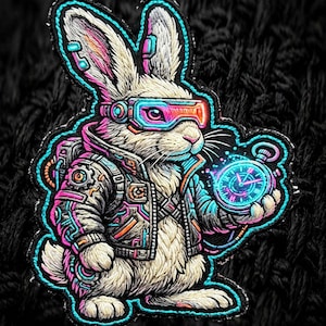 PNG de bordado falso, coelho cyberpunk, coelho branco synthwave, patch neon de ficção científica, estampa para camiseta techwear, arte distópica de Alice