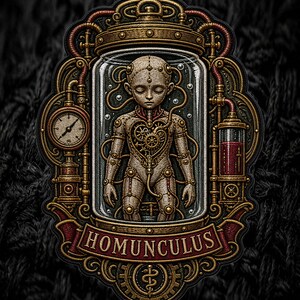 PNG de bordado falso, Homúnculo Steampunk, Camiseta Dark Alchemy, Arte de patch gótica de ficção científica, Gráfico macabro para streetwear, Design de roupa alternativa 3D