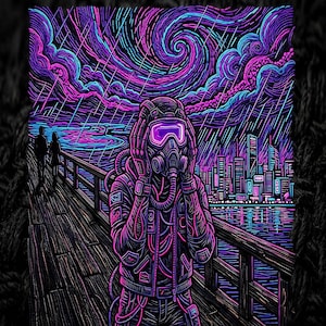 May include: A graphic print featuring a figure in a gas mask and jacket standing on a wooden pier. The scene includes a swirling purple and blue sky with rain, a distant city skyline, and two silhouettes walking along the railing in the background.