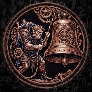 May include: A circular embroidered patch featuring a copper-toned figure pulling a rope attached to a large, ornate bell. The design includes intricate mechanical gears, clockwork details, and a dark black background with a stitched border.