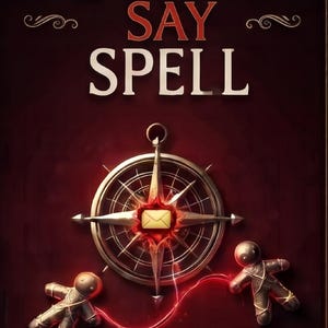 Puede incluir: Un póster de color rojo oscuro con el texto DO AS I SAY SPELL en letras blancas. Debajo del texto hay una brújula metálica con un sobre amarillo en el centro. Dos pequeñas figuras humanoides claras están unidas por una línea roja brillante.
