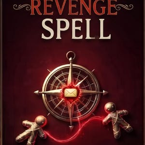 Op de afbeelding: Een donkerrode afbeelding met de tekst EXTREME REVENGE SPELL in witte en rode letters. Een metalen kompas staat in het midden met een klein geel envelop-icoon. Twee kleine, omwikkelde mensachtige figuren zijn verbonden door een gloeiende rode lijn.