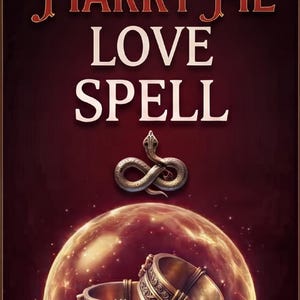 May include: A dark red poster featuring the text MARRY ME LOVE SPELL in white and red lettering. Below the text is a metallic snake coiled into an infinity symbol. At the bottom, two ornate metallic rings rest in front of a glowing orange sphere.
