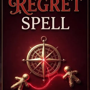 May include: A dark red rectangular sign with the text REGRET SPELL in white and red lettering. Below the text is a gold compass centered above two small, textured, gold-colored humanoid figures connected by a glowing red line of light.