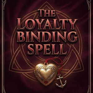 May include: A dark red graphic featuring the text THE LOYALTY BINDING SPELL in metallic gold lettering. Below the text is a heart-shaped gold locket with intricate engravings, attached to a thin red string with a small gold anchor charm hanging from it.