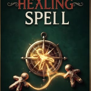 Pode incluir: Um cartaz verde-escuro com o texto RXPID HEALING SPELL em vermelho e branco. Uma bússola metálica central brilha com luz dourada, ligada por um fio dourado luminoso a duas pequenas figuras humanoides lisas e castanhas de cada lado.