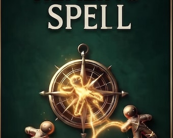 May include: A dark green poster featuring the text RXPID HEALING SPELL in red and white. A central metallic compass glows with golden light, connected by a luminous golden thread to two small, smooth, brown humanoid figures on either side.