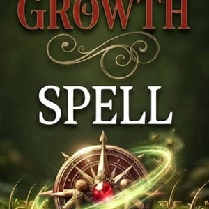 Pode incluir: Um design gráfico com o texto HAIR GROWTH SPELL em letras vermelhas e brancas. Abaixo do texto, há uma bússola de cor bronze com uma pedra preciosa vermelha central, rodeada por um efeito de luz verde brilhante e folículos capilares.