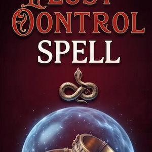 May include: A dark red graphic poster featuring the text LUST CONTROL SPELL in bold red and white lettering. Below the text is a metallic gold snake coiled in an infinity shape, positioned above a glowing blue orb containing two ornate gold rings.