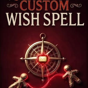 Peut inclure: Un graphique rouge foncé avec le texte EMERGENCY CUSTOM WISH SPELL en lettres blanches et rouges. Une boussole métallique est au centre avec une icône d'enveloppe dorée, reliée par des lignes rouges lumineuses à deux petites figurines.