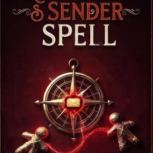 May include: A dark red poster with the text RETURN TO SENDER SPELL in white and red lettering. The design features a metallic compass with a central yellow envelope icon, connected by a glowing red line to two small, dark, humanoid figures.