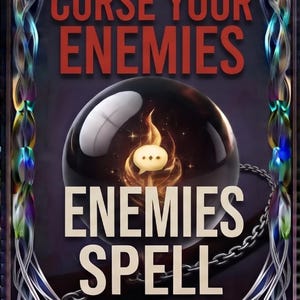 Op de afbeelding: Een rechthoekige grafische print met de tekst CURSE YOUR ENEMIES en ENEMIES SPELL in vetgedrukte letters. Een centrale donkere kristallen bol bevat een gloeiende vlam en een klein tekstballonpictogram. Omkaderd door een iriserende rand.