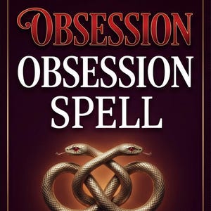 May include: A dark purple rectangular graphic featuring the text OBSESSION in a red gradient font above the text OBSESSION SPELL in white. Below the text, two metallic snakes with red eyes are intertwined in a knot against a glowing background.