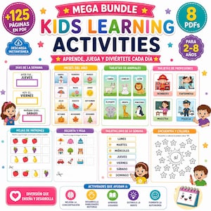 以下が含まれることがあります： 2歳から8歳までの子供向けに125ページのPDF形式で構成されたKids Learning Activitiesというタイトルのデジタル学習バンドル。カラフルなレイアウトには、カレンダー、動物や職業のカード、パターンのワークシート、スペイン語の塗り絵アクティビティが含まれています。
