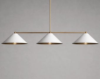 Lámpara de araña lineal de latón de estilo moderno de mediados de siglo / Lámpara colgante cónica blanca de 3 luces / Lámpara de techo para isla de cocina o comedor