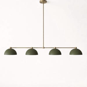 Handmade Brass Linear Chandelier, Modern Dining Room Light, Olive Green Pendant, 4 Light Ceiling Fixture, Minimalist Home Decor