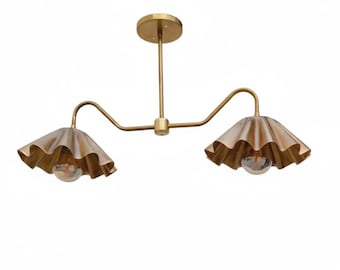 Moderner zweiflammiger Kronleuchter aus Messing, Pendelleuchte in Wellenform mit Blumenmuster, handgefertigte Deckenleuchte, Küchen- und Esszimmerlampe im Mid-Century-Modern-Stil