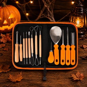 May include: A pumpkin carving kit featuring a black zippered case with orange trim. The set includes various metal tools with light wood handles and several larger tools with bright orange plastic handles, including saws and a scoop.