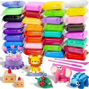 May include: A large collection of rectangular modeling clay packets in various colors, including red, blue, yellow, green, purple, and pink. Several sculpted clay figures are displayed, including a lion, an elephant, a cake, and a leaf.