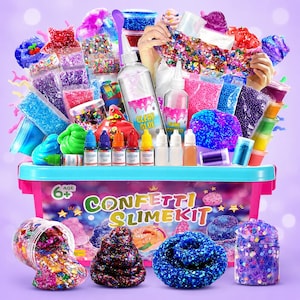 May include: A confetti slime kit in a pink plastic storage bin featuring various colorful slime supplies, including clear glue, activator, small pigment bottles, bags of beads, glitter, and containers of textured slime in blue, purple, and multi-colored.