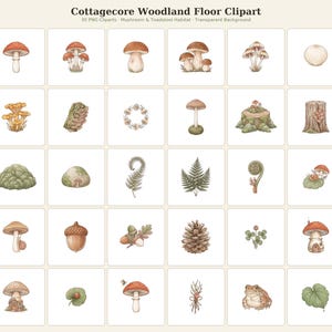 Mushroom Clipart Bundle, Cottagecore Woodland PNG, Fairy Forest Nursery Decor, Junk Journal Toadstool Clip Art