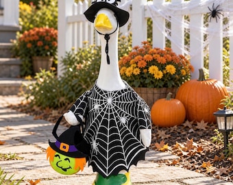 Spider Web Witch Porch Goose Outfit, 23 Inch Halloween Costume with Spider Hat and Witch Treat Bag
