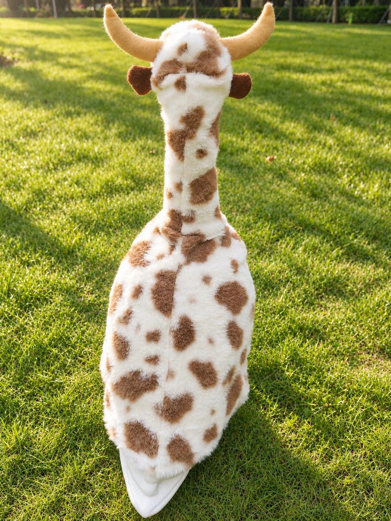 May include: A plush toy shaped like a cow with a long neck, featuring a white body covered in brown patches. The toy has two tan horns at the top of its head and small brown ears on the sides. The texture of the fabric appears soft and fuzzy.