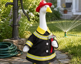 Firefighter Goose Outfit, 23-Inch Porch Goose Clothes With Hat And Axe, Fireman Costume, Garden Statue Clothing, Yard Decor