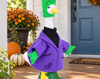 Frankenstein Monster Porch Goose Outfit, 23 Inch Halloween Costume with Green Hood and Purple Jacket