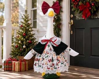Christmas Porch Goose Dress, 23 Inch Outfit with Green Capelet, Lace Trim and Burgundy Bow