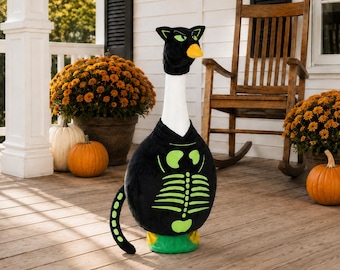 Fluorescent Black Cat Skeleton Goose Outfit for 23 Inch Goose, Halloween Porch Decor