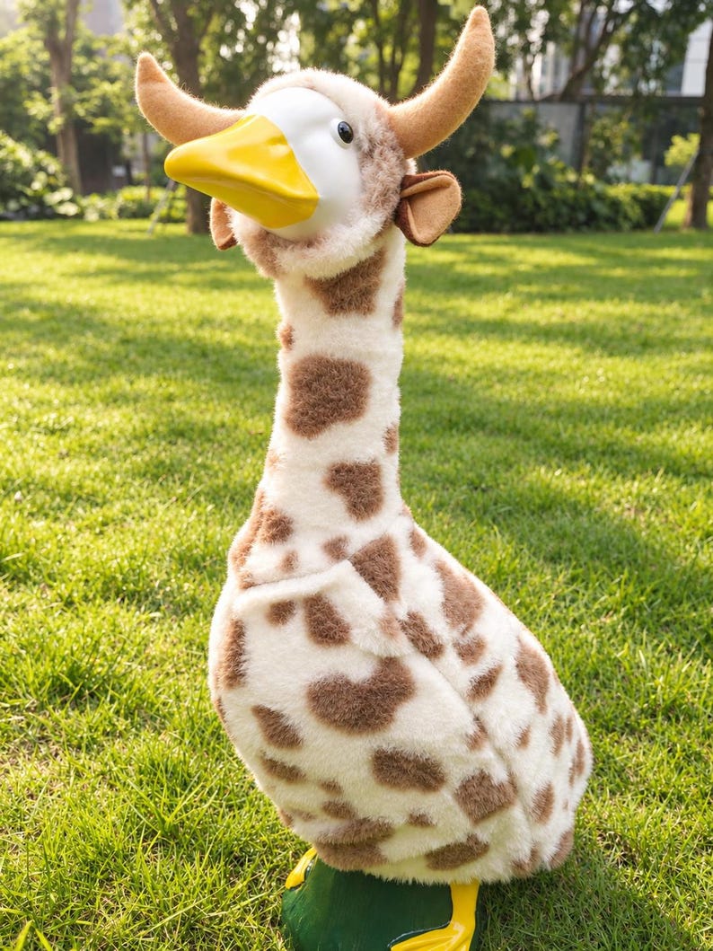 May include: A plush goose toy featuring a white and brown giraffe-patterned body, a yellow beak, and two tan felt horns attached to the head. The figure has a long neck, soft textured fur, and small dark eyes, standing upright on yellow feet.